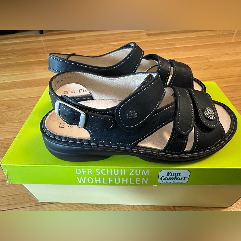Finn Comfort Black Leather Strap Sandals